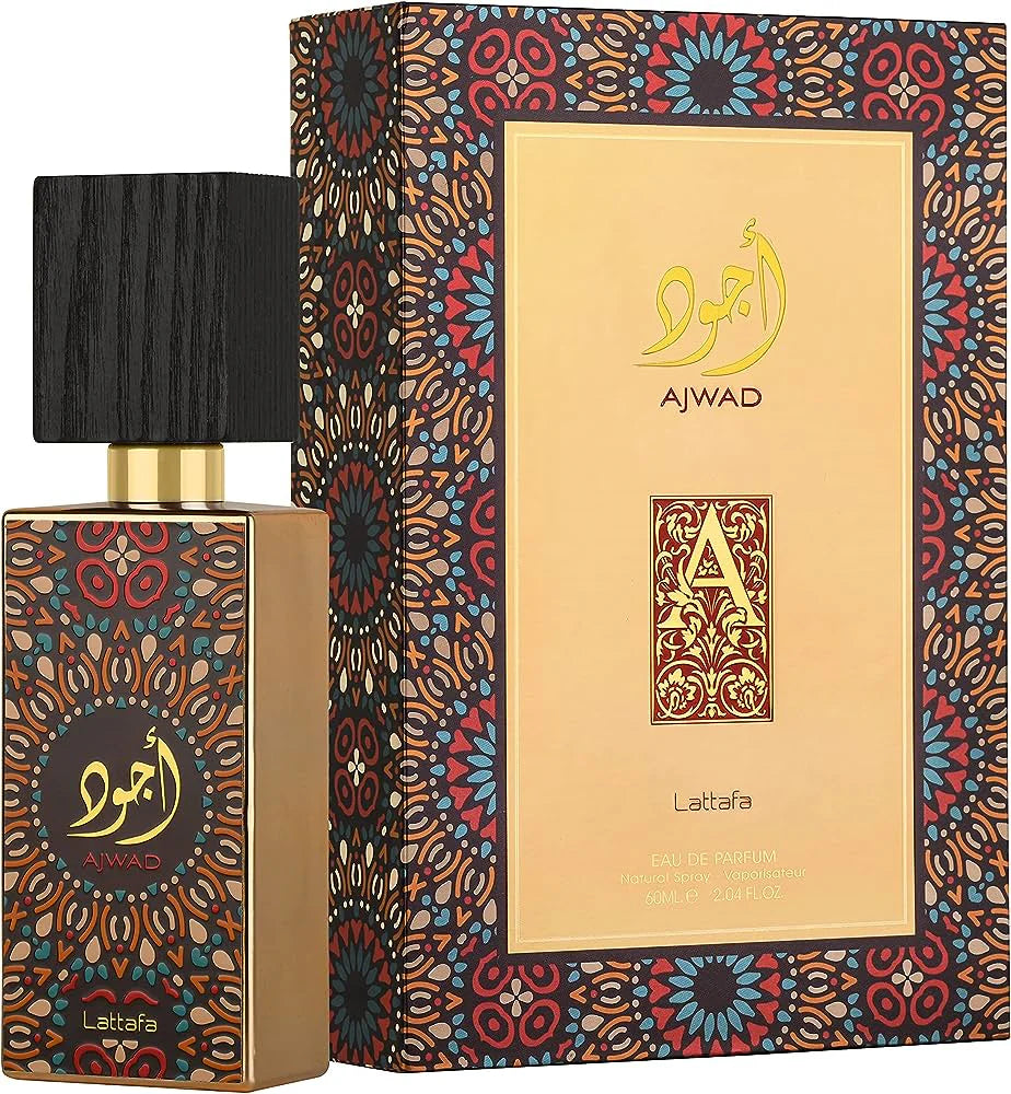 Ajwad de Lattafa EDP 2.04 oz, un perfume unisex con una combinación irresistible de notas afrutadas, ámbar y vainilla, ideal para quienes buscan una fragancia dulce y sofisticada.