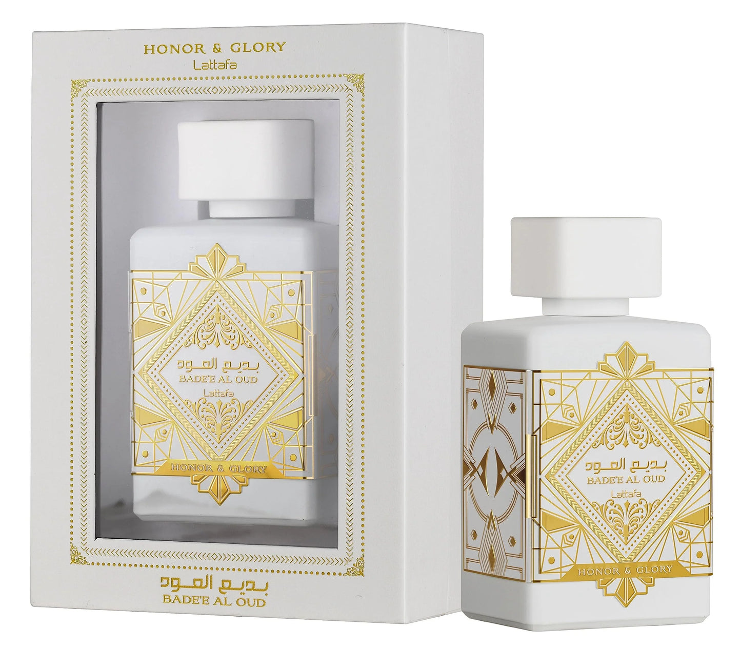 Badee al Oud Honor & Glory de Lattafa Eau de Parfum 3.4 oz, un perfume unisex con notas amaderadas, dulces, especiadas y de oud, ideal para un aroma sofisticado y duradero.