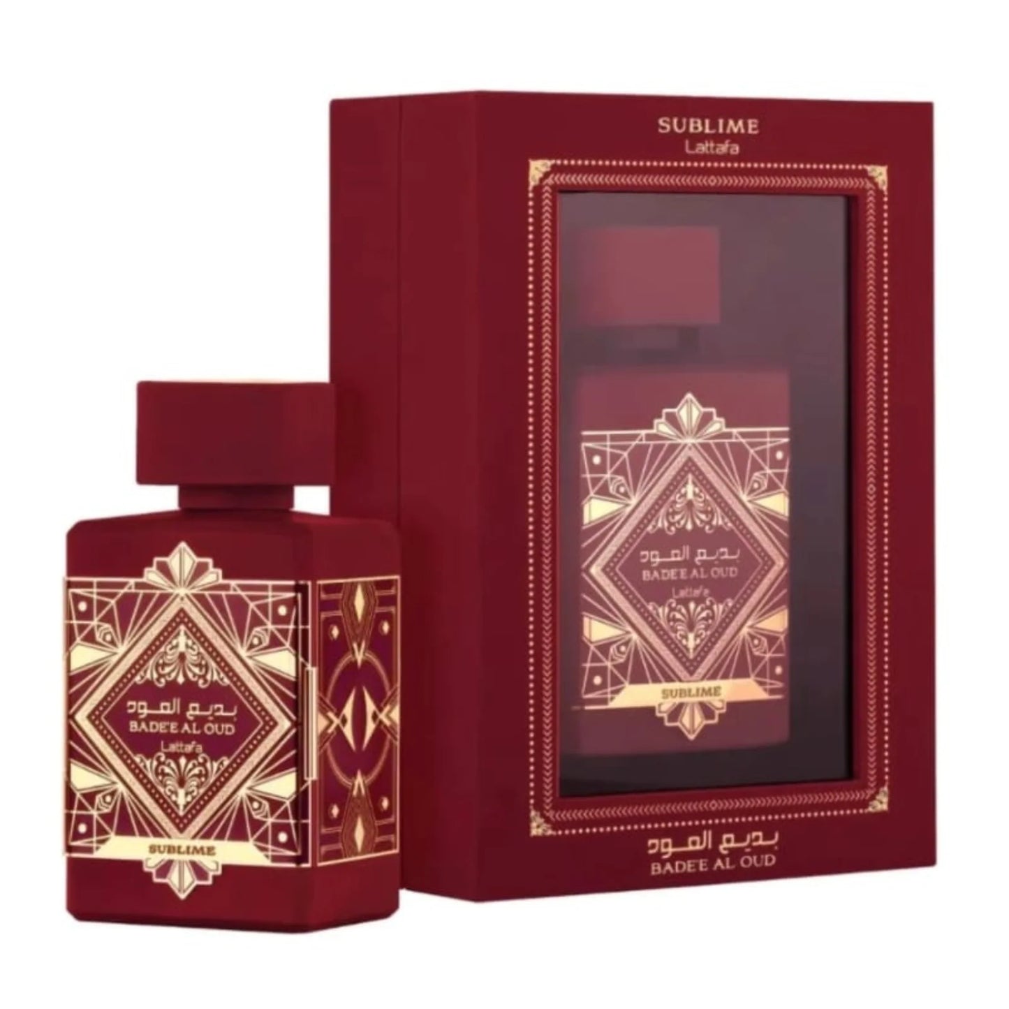 Badee al Oud Sublime de Lattafa Eau de Parfum 3.4 oz, un perfume unisex con notas frescas de manzana, litchi y rosa en la salida, seguidas de ciruela y jazmín en el corazón, y un fondo cálido de vainilla, musgo y pachulí. Ideal para un aroma sofisticado y envolvente.