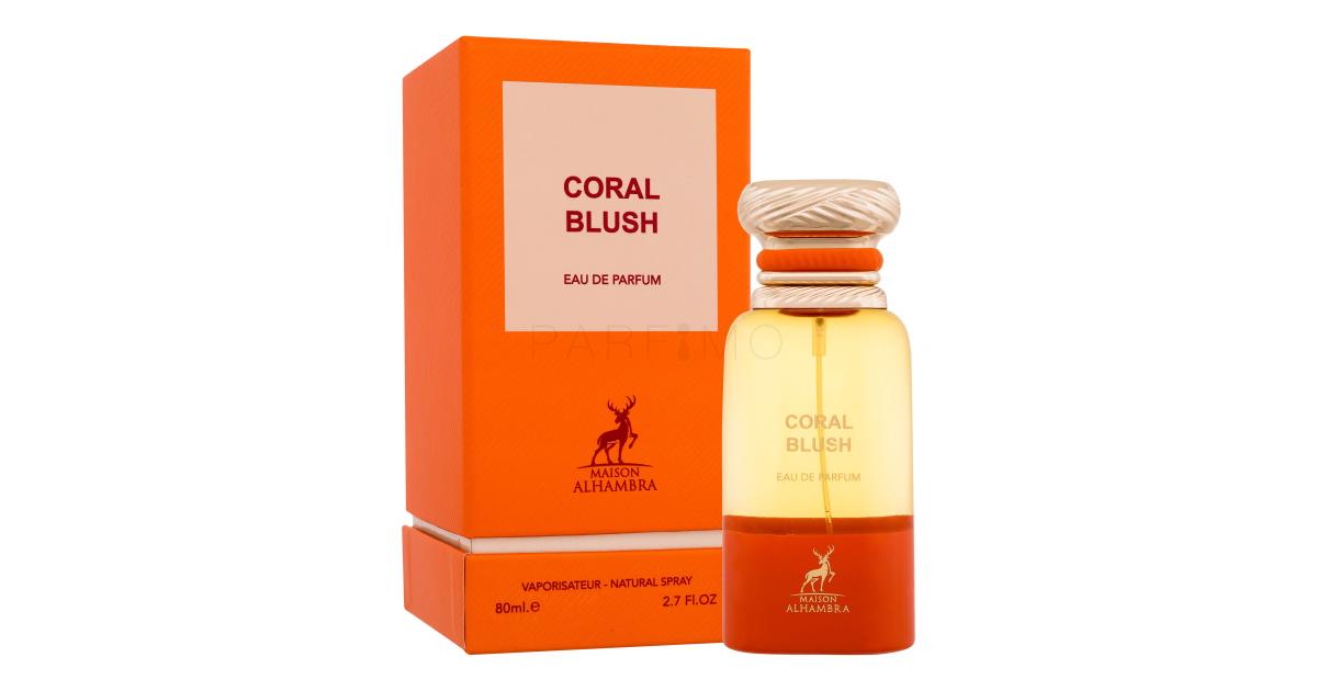 Botella de Coral Blush de Maison Alhambra, un perfume unisex con notas de durazno, hojas verdes, naranja sanguina, pachulí, miel y coñac, en presentación de 100 ml.