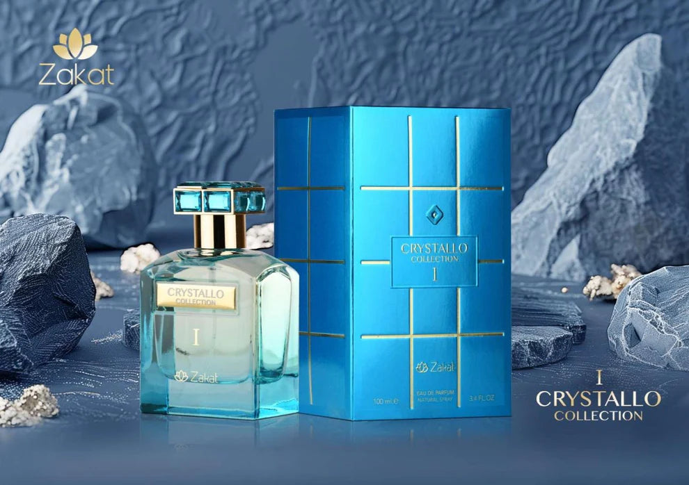 Frasco de Crystallo Collection I EDP 100 ml de Zakat. Perfume unisex con una mezcla equilibrada de notas frescas, especiadas y amaderadas, ideal para un aroma elegante y versátil.
