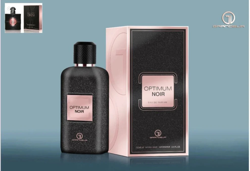 Perfume Elite Optimum Women EDP 100ml de Grandeur con notas de pera, jazmín, pimienta rosa, café, cedro y vainilla, una fragancia femenina y sofisticada.
