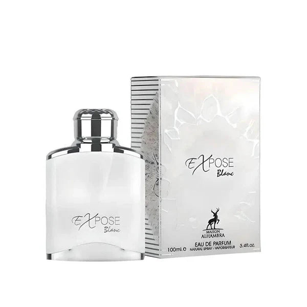 Frasco de Expose Blanc EDP 100 ml de Maison Alhambra. Perfume masculino con notas de pimienta rosa, pomelo, bergamota, notas acuáticas, lavanda, cardamomo, maderas blancas y almizcle blanco.