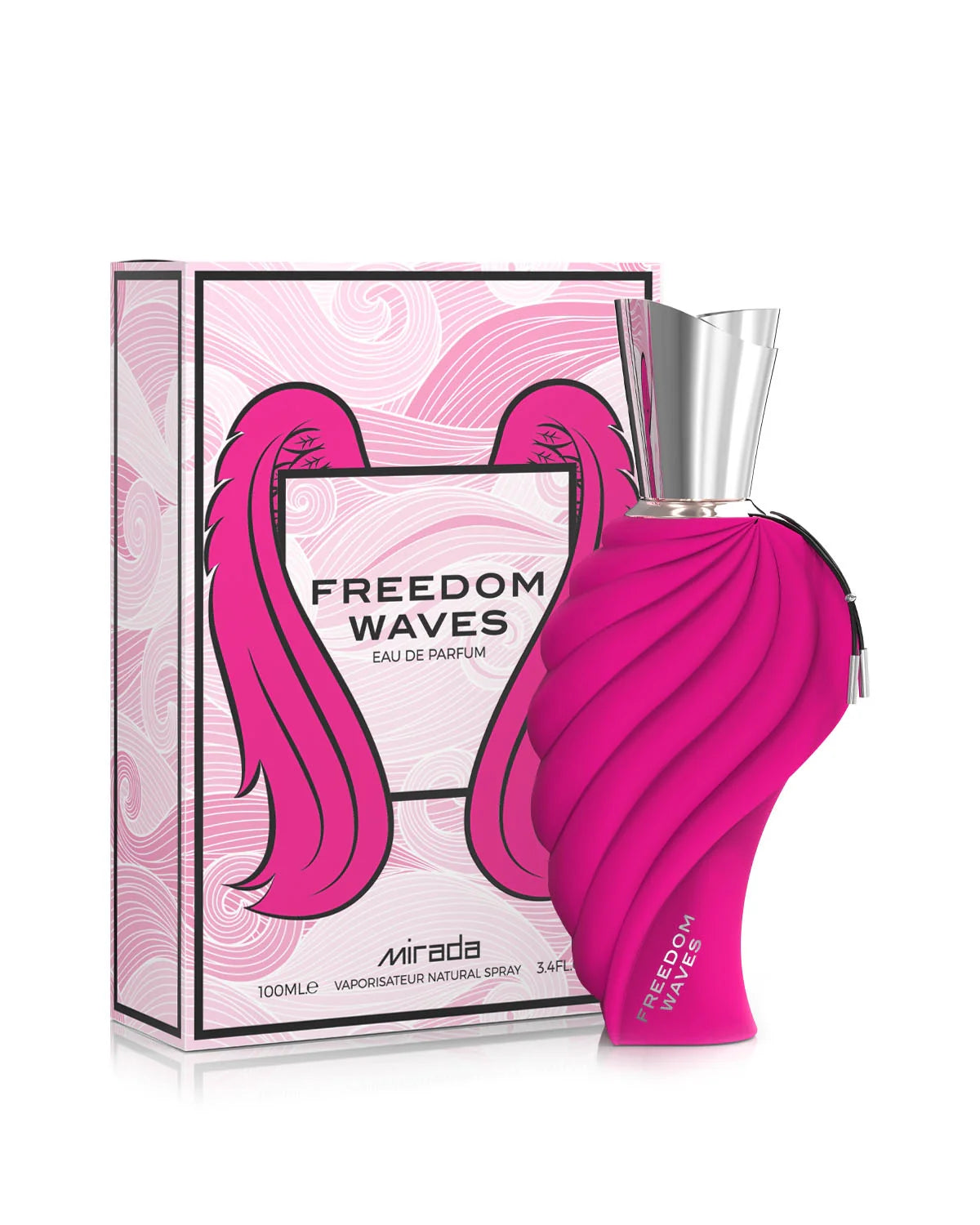 Perfume femenino Freedom Waves de Mirada, con notas frescas de pera, fresa, mandarina y bergamota, seguidas de un corazón floral de rosa y maracuyá, y un fondo dulce de praliné, caramelo y pachulí. Fragancia dulce, envolvente y duradera, ideal para mujeres modernas y elegantes.