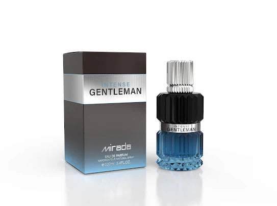 Perfume masculino Intense Gentleman de Mirada, con notas frescas de bergamota, jengibre y lavanda, combinadas con un fondo cálido de vainilla y vetiver. Fragancia elegante y seductora, perfecta para hombres con estilo y personalidad.