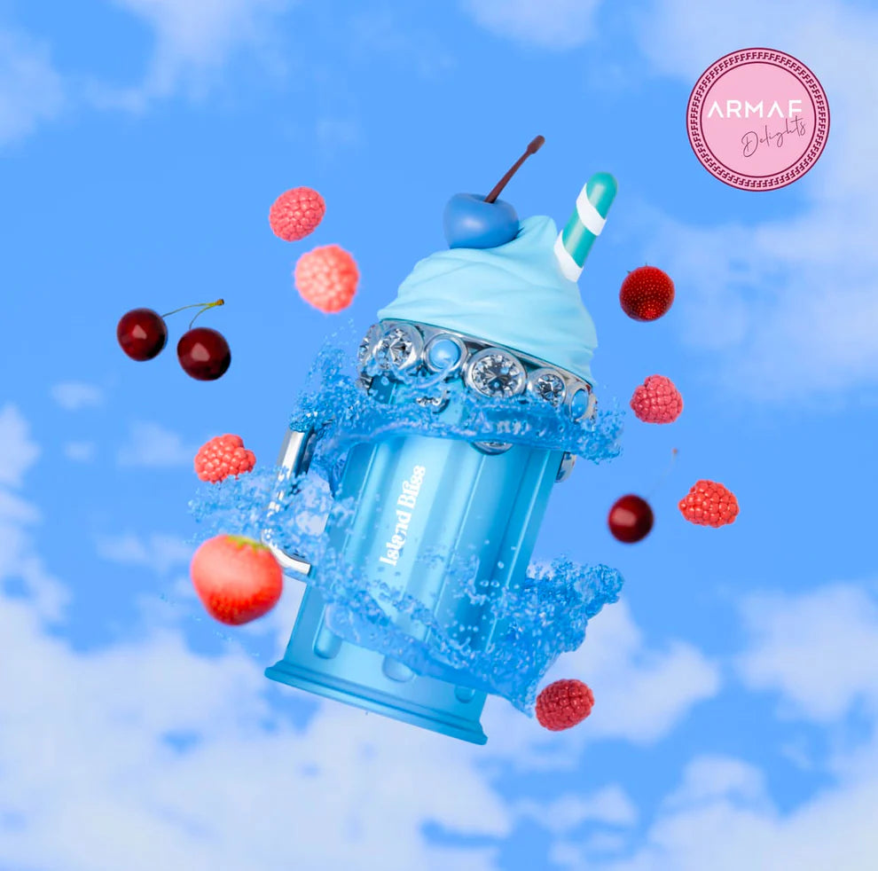 Perfume Island Bliss Eau de Parfum de Armaf (100ml), con notas de cítricos, frutas tropicales, flores blancas, vainilla y almizcle, una fragancia refrescante y sofisticada.