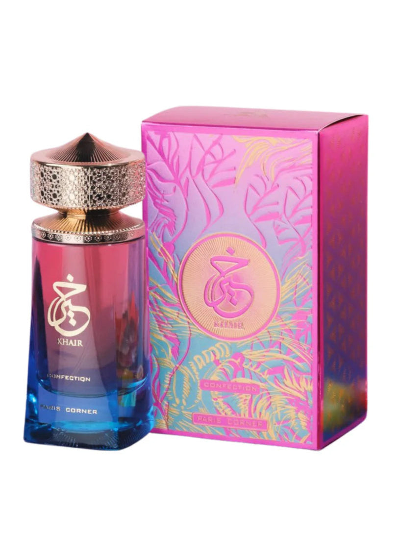 Perfume Khair Confection EDP 100ml, una fragancia oriental gourmand con notas de frutas exóticas, jazmín, ylang-ylang, cachemira, sándalo, malvavisco y vainilla, que combina dulzura y elegancia refinada.