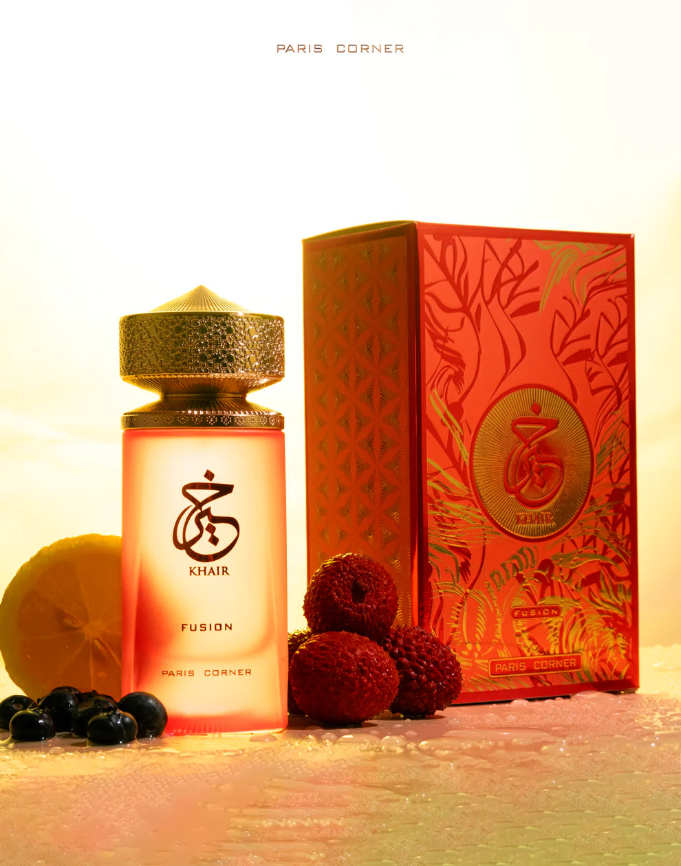 Khair Fusion EDP 100ml, un perfume femenino con notas de litchi, grosella negra, manzana, jazmín, rosa, violeta, sándalo, vainilla y azúcar moreno.
