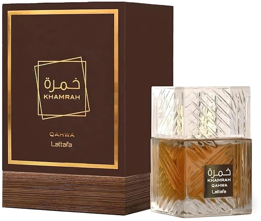 Khamrah Qahwa de Lattafa EDP 3.4 oz, un perfume unisex intenso y exquisito con notas cálidas y envolventes que cautivan los sentidos.