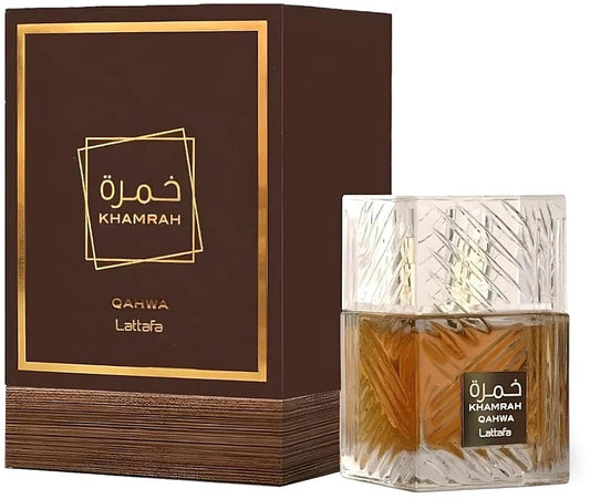 Khamrah Qahwa de Lattafa EDP 3.4 oz, un perfume unisex intenso y exquisito con notas cálidas y envolventes que cautivan los sentidos.