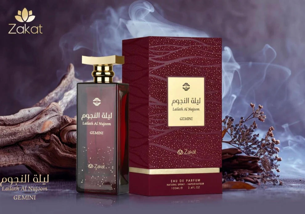 Lailath Al Nujoon Gemeni EDP 100ml Zakat, perfume unisex dulce y floral con notas de cereza, pera, jazmín, sándalo y ámbar.