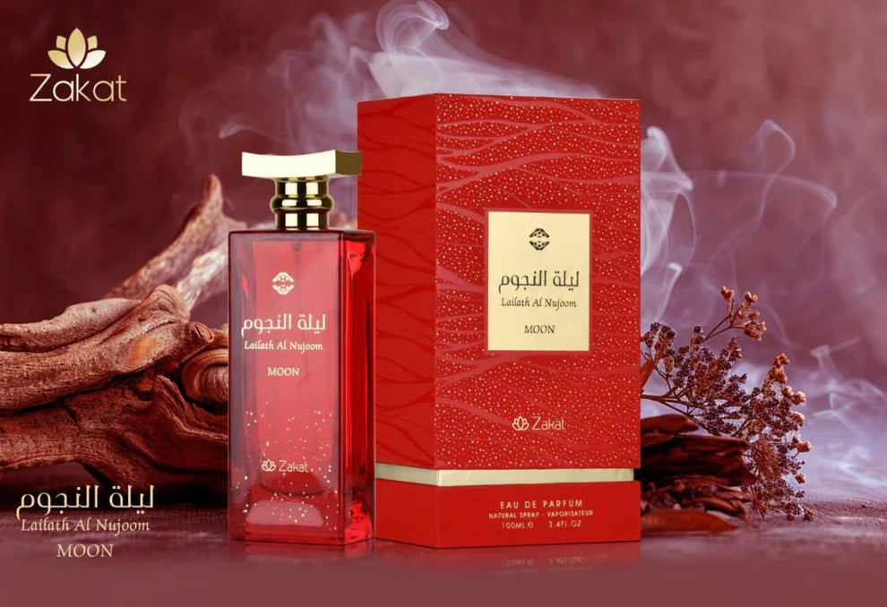 Lailath Al Nujoon Moon EDP 100 ml de Zakat, perfume unisex sofisticado con notas de limón, mimosa, grosella negra, rosa, hibisco, cuero, ambroxán, cashmeran y vainilla.