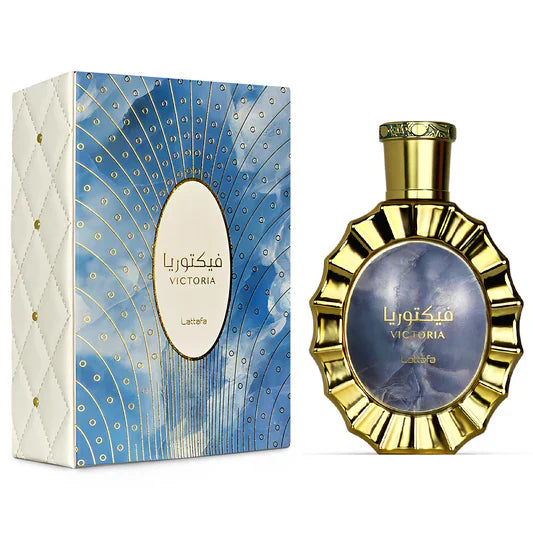 Perfume unisex Lattafa Victoria EDP 100 ml con notas de limón, neroli y vainilla en una elegante botella.