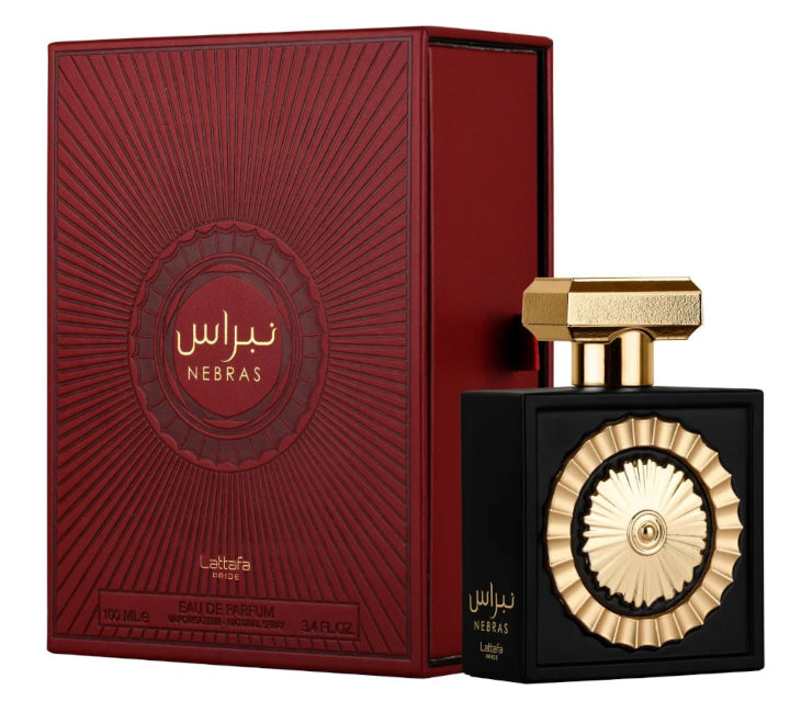Nebras by Lattafa EDP 3.4 oz, un perfume unisex con una mezcla dulce de bayas rojas, mandarina, vainilla, cacao y rosa, sobre una base cálida de azúcar, haba tonka, ámbar y almizcle, perfecto para quienes buscan una fragancia envolvente y rica.