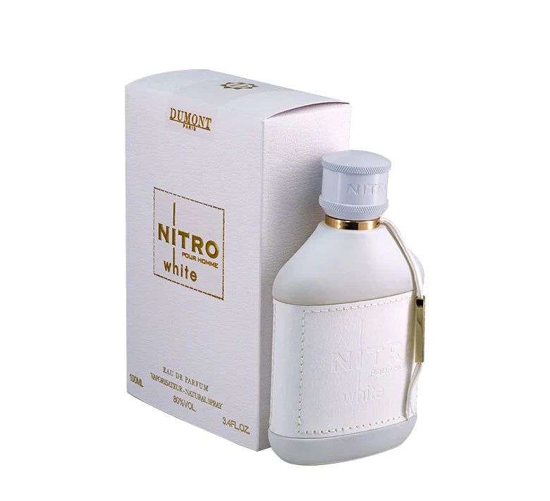 Perfume Nitro White by Dumont para hombre 3.4 oz, con notas de cuero, vainilla, miel, mirra y enebro. Fragancia intensa y elegante.