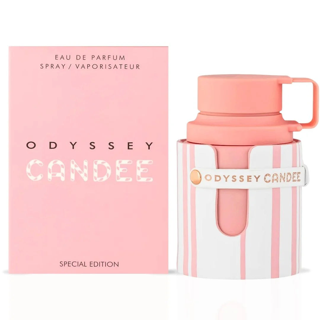 Odyssey Candee de Armaf Eau de Parfum 3.4 oz, una fragancia femenina lanzada en 2024 que combina notas afrutadas de fresa, frambuesa, durazno y bergamota con un corazón dulce de jazmín, caramelo y maracuyá, culminando en una base cálida de almizcle, pachulí y ámbar. Ideal para diversas ocasiones, ofreciendo una experiencia olfativa envolvente, seductora y elegante.