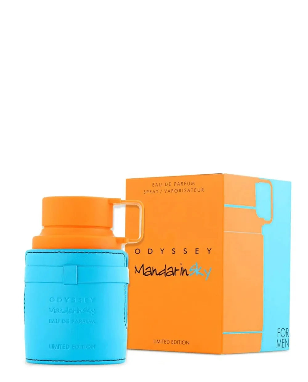 Perfume masculino Odyssey Mandarin Sky de Armaf, con notas intensas de mandarina, vainilla y especias. Fragancia fresca, sofisticada y de larga duración, ideal para el hombre moderno.