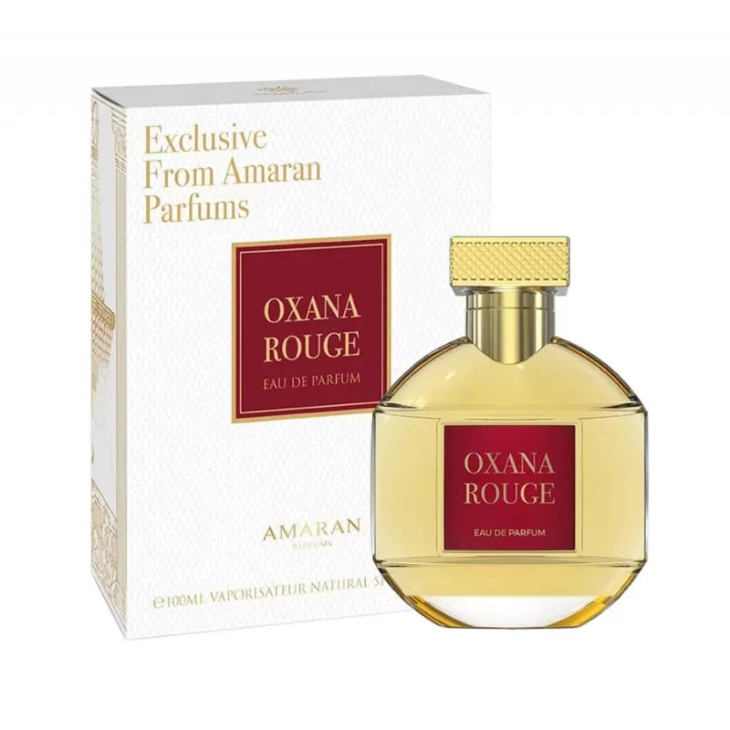 Frasco de Oxana Rouge EDP 100 ml de Amaran. Perfume unisex con notas de grosella negra, pera, kumquat, azafrán, jazmín, caramelo, ámbar y almizcle.