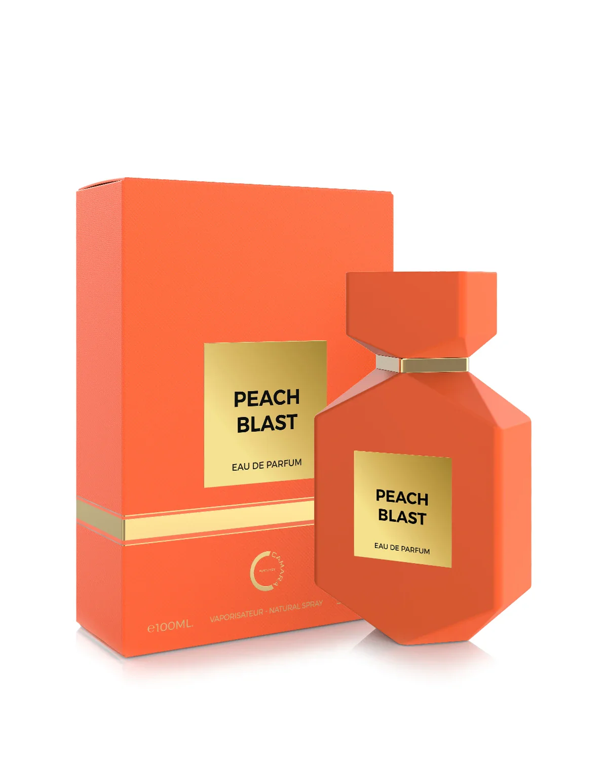 Perfume unisex Peach Blast de Camara, con notas jugosas de durazno, ron y vainilla. Fragancia dulce, sofisticada y duradera, perfecta para quienes aman los aromas frutales y cálidos.