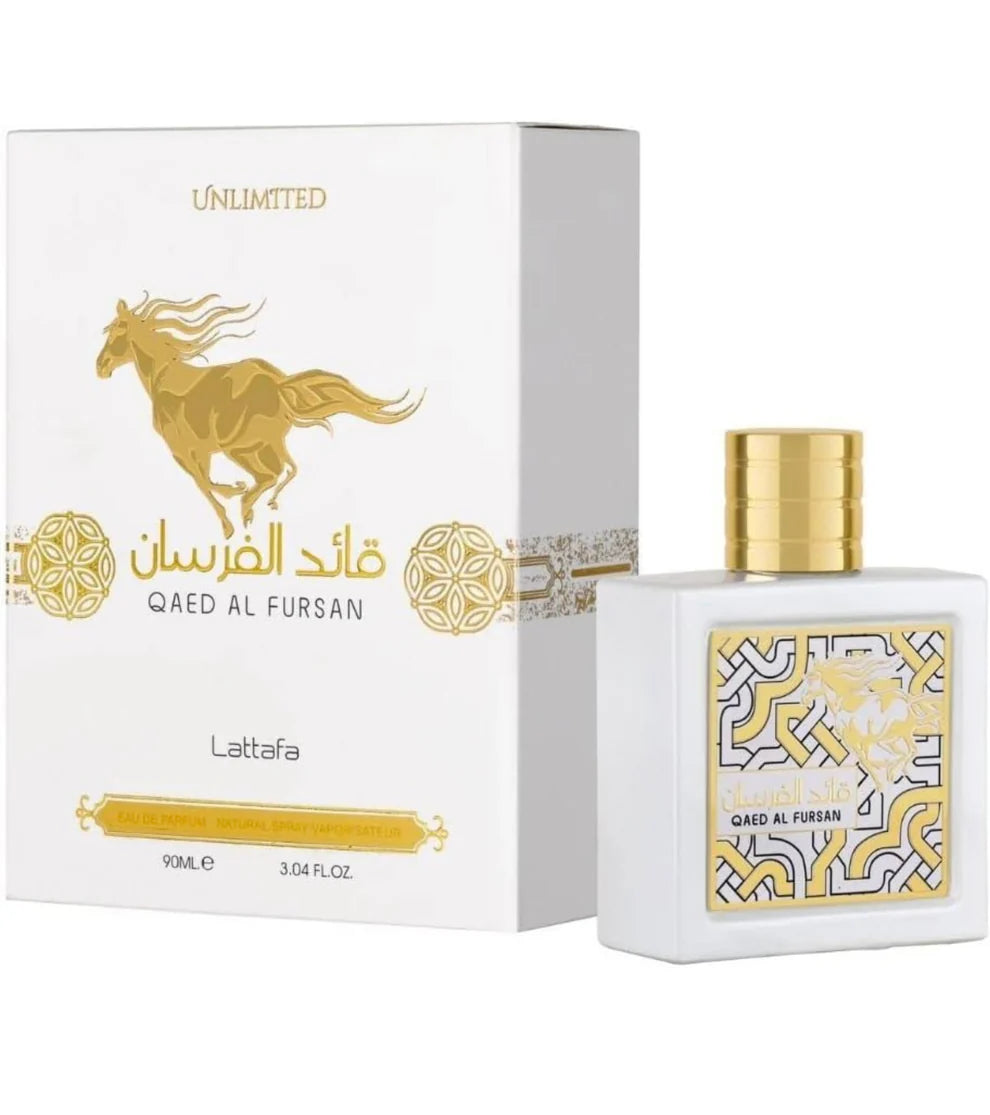 Perfume unisex QAED AL FURSAN UNLIMITED EDP 90ml de Lattafa, con notas frescas y amaderadas de bergamota, frambuesa, manzana, jazmín, pachulí, vainilla y almizcle.