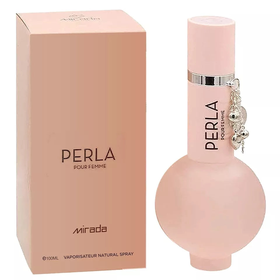 Perla Pour Femme Eau de Parfum 3.4 oz, un perfume femenino con notas florales, almizcladas y dulces, ideal para un aroma elegante y coqueto.