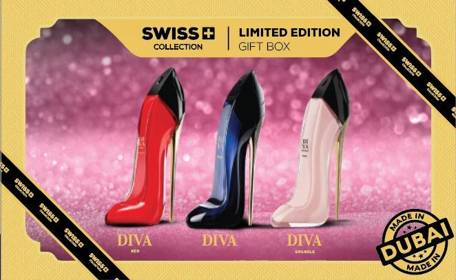 Set de perfumes Diva de Swiss Collection, cada frasco con 3.4 oz, fragancias elegantes y sofisticadas.