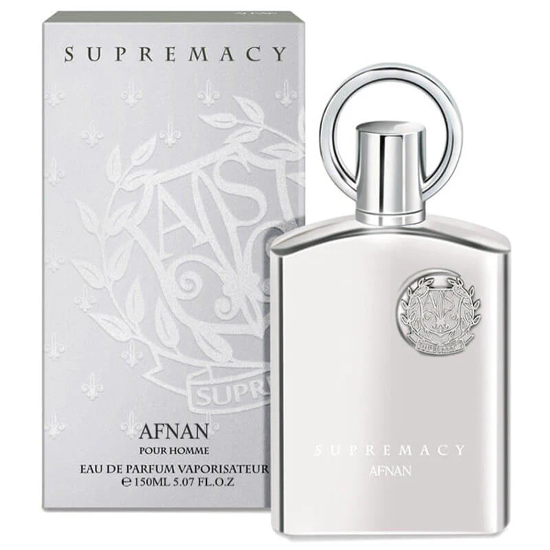 Perfume masculino Supremacy Silver de Afnan, con notas de piña, grosella negra, bergamota y almizcle. Aroma fresco, sofisticado y duradero, ideal para hombres elegantes y seguros.