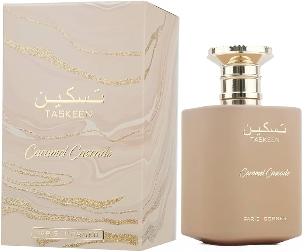 Botella de Taskeen Caramel Cascade de Paris Corner, un perfume unisex gourmand con notas de caramelo, leche, haba tonka, miel, vainilla y almizcle blanco, en presentación de 100 ml.