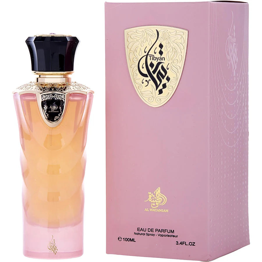 Tibyan de Al Wataniah Eau de Parfum 3.4 oz, un perfume unisex con notas frescas de orquídea, heliotropo y mandarina en la salida, seguidas de un corazón dulce y afrutado con frutas tropicales, y una base cálida y reconfortante de vainilla, almizcle y sándalo. Ideal para una fragancia vibrante y sensual.