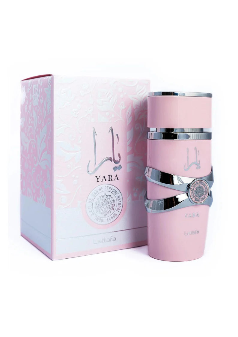 Yara by Lattafa Eau de Parfum 3.4 oz, un perfume femenino con notas dulces, frutales y cremosas, ideal para un aroma coqueto y envolvente.