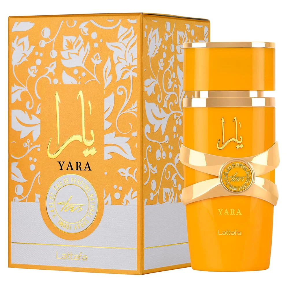 Yara Tous by Lattafa Eau de Parfum 3.4 oz, un perfume femenino con notas frutal, florales, dulces y frescas, ideal para un aroma ligero y encantador.