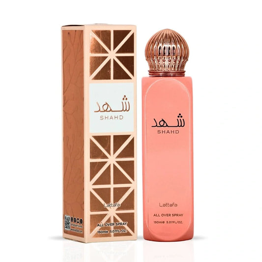 Shahd All Over Spray 150 ml (5,07 oz) de Lattafa | Florales tropicales y almizcle ámbar dorado
