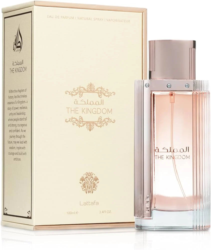 "Perfume The Kingdom de Lattafa para mujer – Dulce, elegante y sofisticado con notas de vainilla, ámbar y sándalo."
